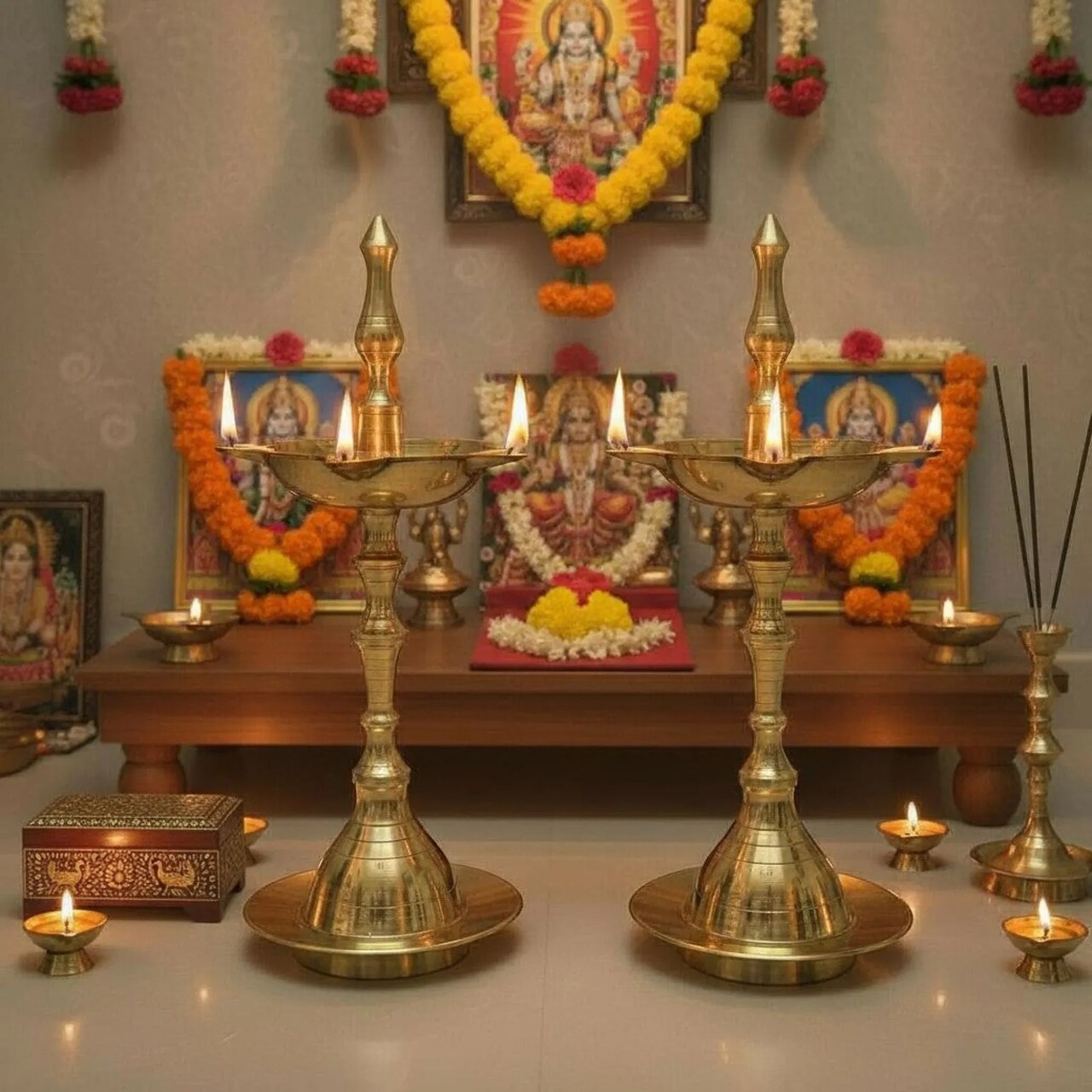 2 CT Brass Oil Lamp Diya Samai Deepak Lamp Kerala Traditional Kutthu Vilakku Panchmahal Deepam for Home Temple Mandir Office Diwali Decoration - Deepawali Return Gift